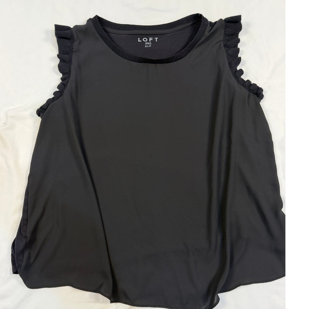 Loft Black Mixed Media Ruffle Sleeveless Shell Top XLP Petites Business Casual